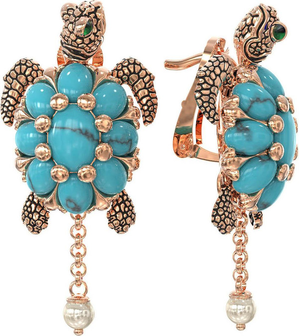 Серьги из золота c эмалью, жемчугом и бирюзой