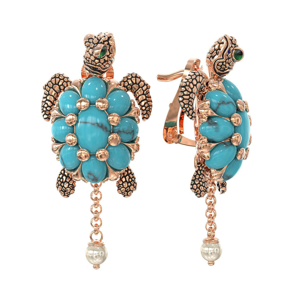 Серьги из золота c эмалью, жемчугом и бирюзой