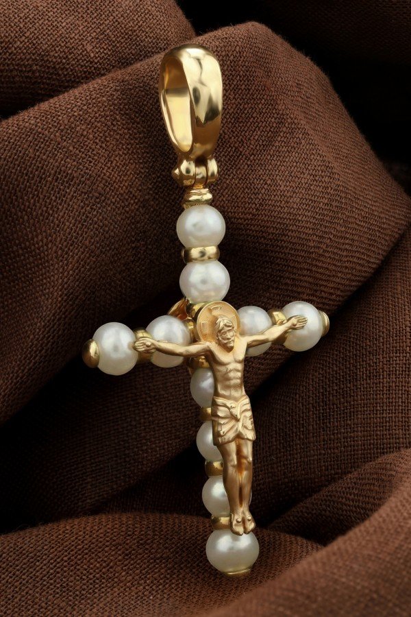 Крест из лимонного золота 585 пробы c жемчугом