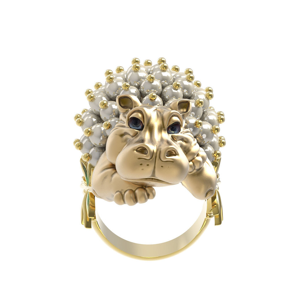 Кольцо из лимонного золота c эмалью и жемчугом