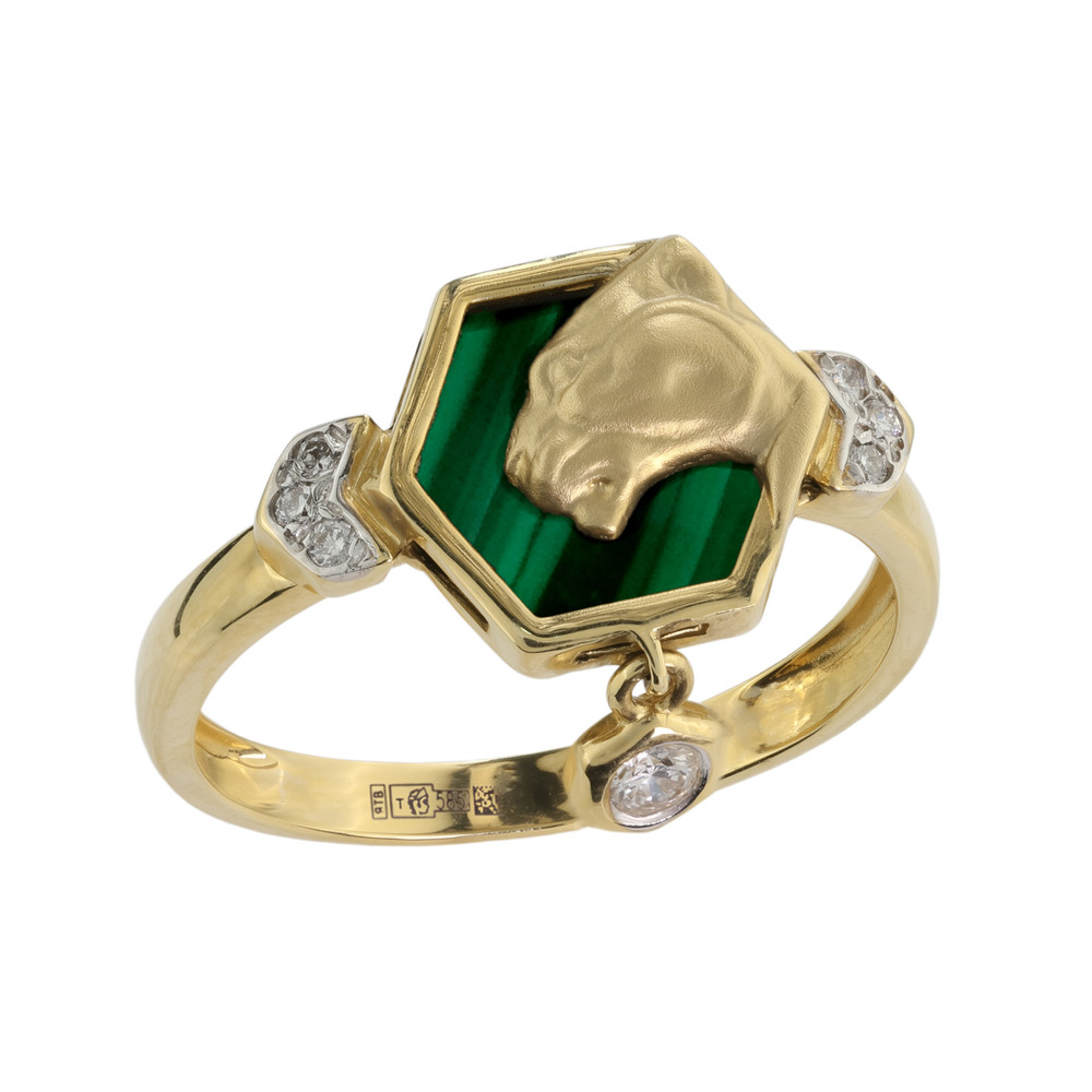 Кольцо из лимонного золота c бриллиантами и малахитом