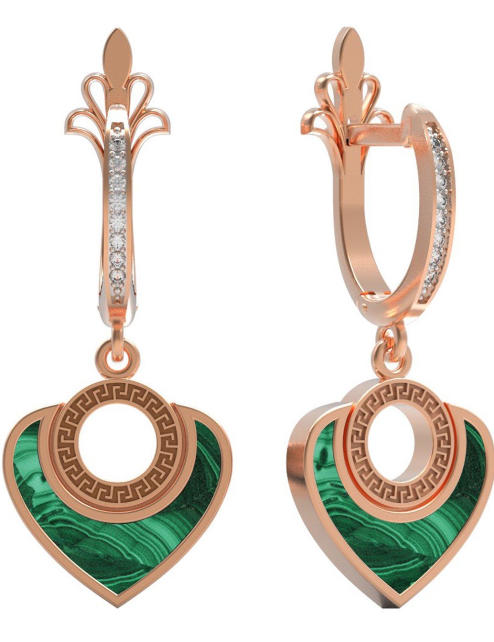 Серьги из золота 585 пробы c фианитом и малахитом