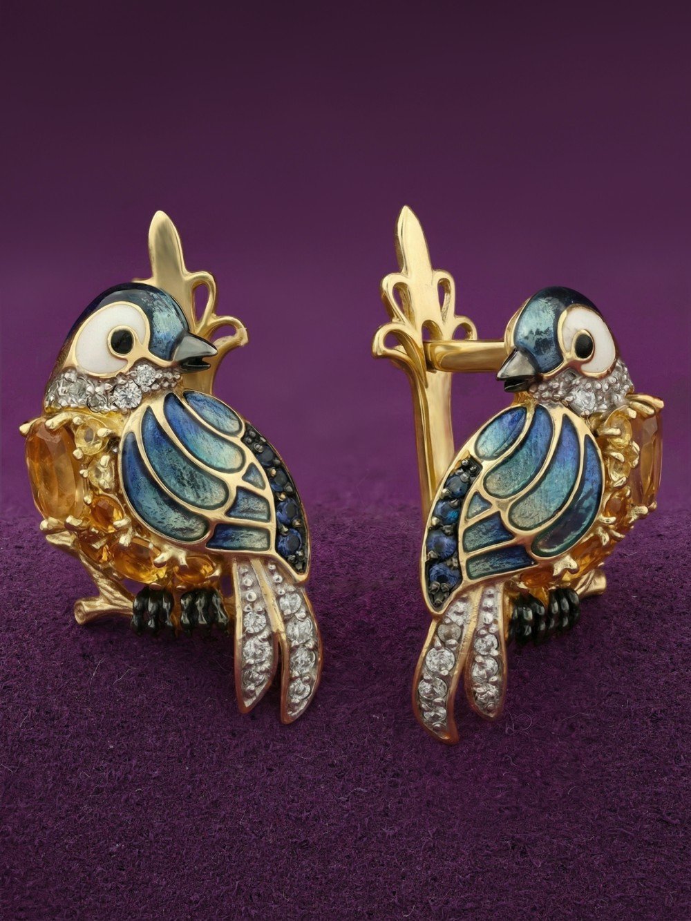 Серьги из лимонного золота c эмалью, фианитом, цитрином и сапфиром