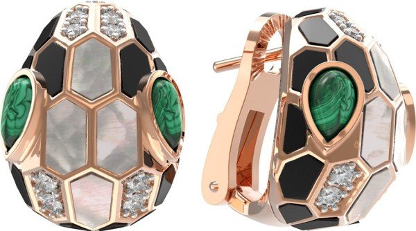 Серьги из золота 585 пробы c бриллиантами, рубином, ониксом, малахитом и перламутром