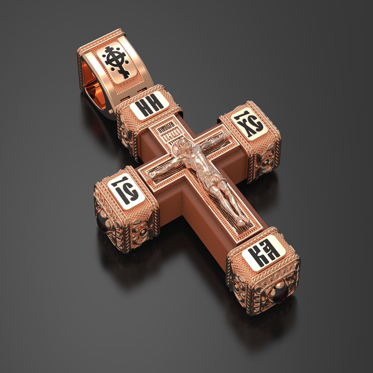 Крест из золота c эмалью, ониксом и деревом груши