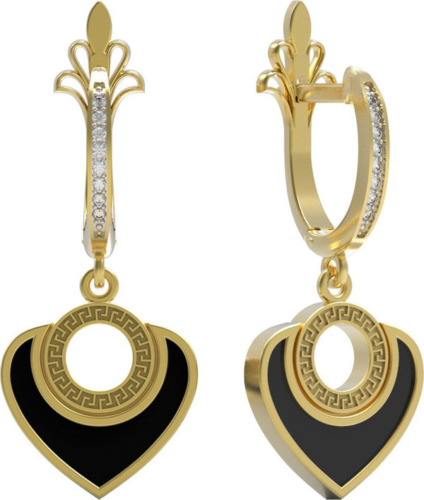 Серьги из лимонного золота c фианитом и ониксом