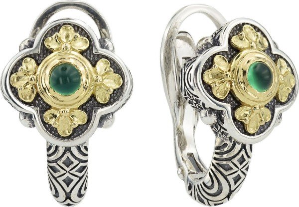 Серьги из серебра и золота c хризопразом и рубином