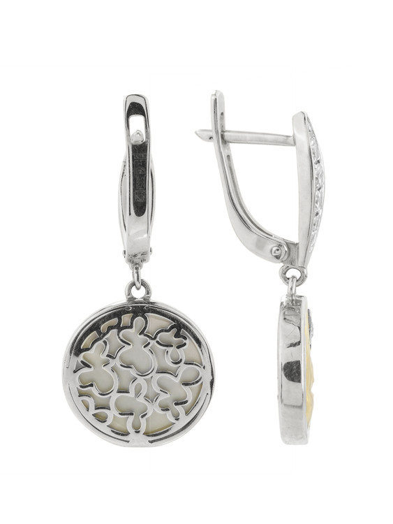 Серьги из белого золота c бриллиантами, ониксом и перламутром