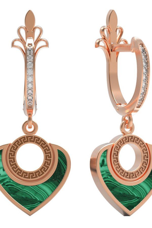 Серьги из золота 585 пробы c фианитом и малахитом