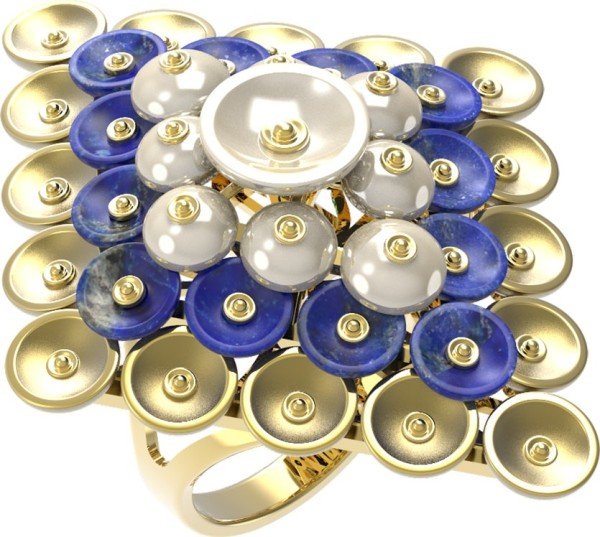 Кольцо из лимонного золота c лазуритом и перламутром