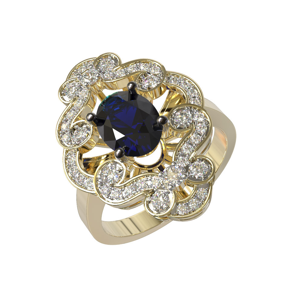 Кольцо из лимонного золота c бриллиантами и сапфиром