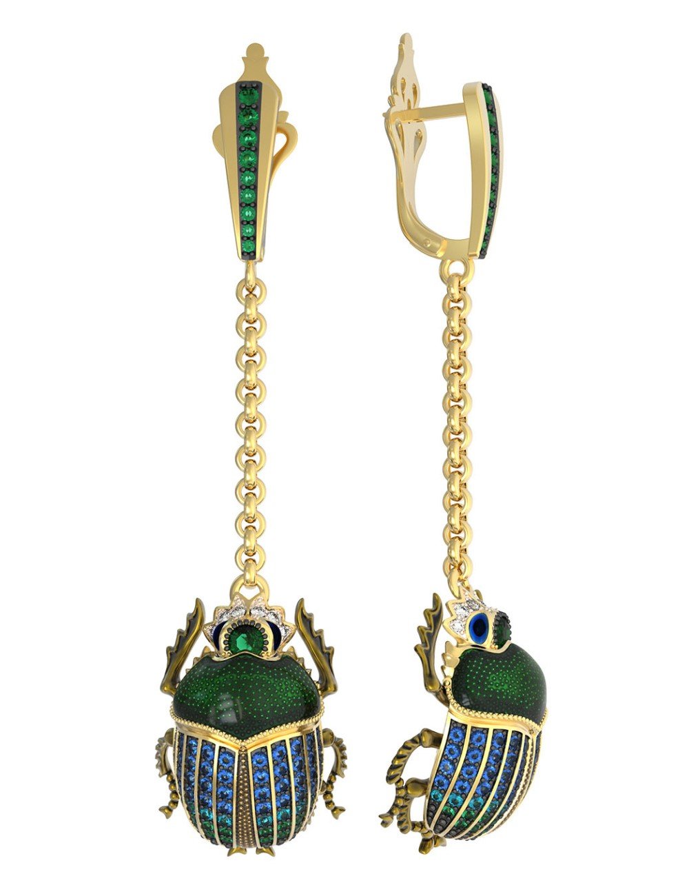 Серьги из лимонного золота 585 пробы c эмалью, фианитом, турмалином и сапфиром