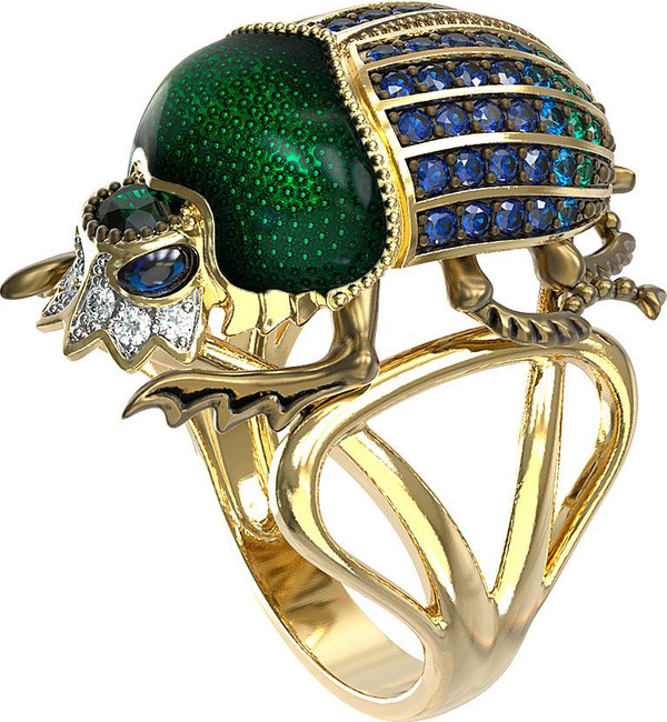 Кольцо из лимонного золота c эмалью, фианитом и турмалином