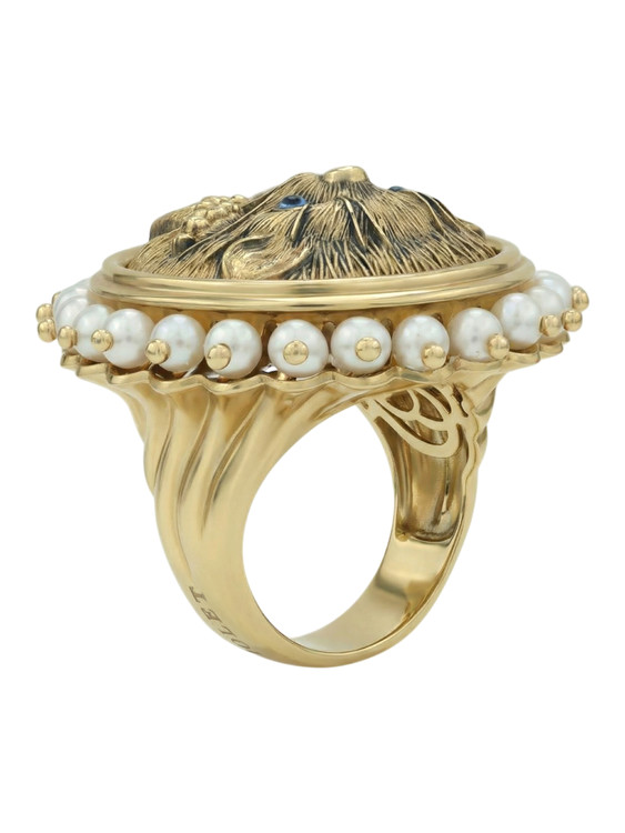Кольцо из лимонного золота c эмалью и жемчугом