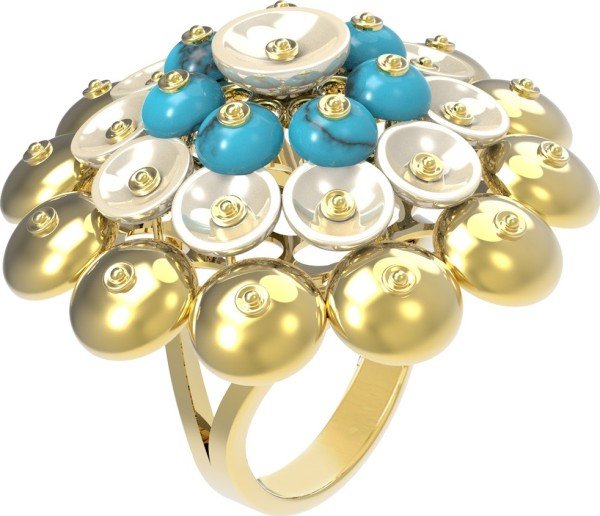 Кольцо из лимонного золота 585 пробы c бирюзой и перламутром