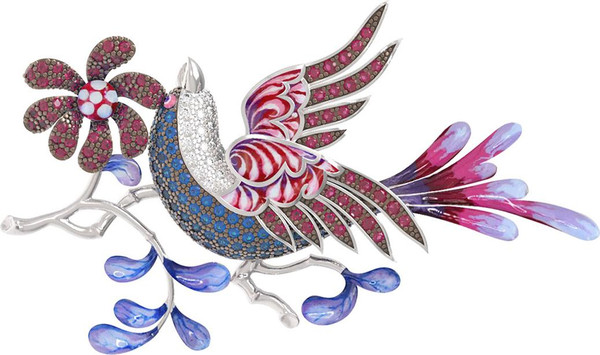 Брошь из белого золота c эмалью и фианитом