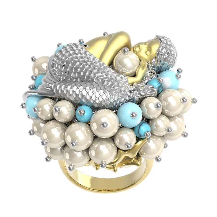 Кольцо из лимонного золота c жемчугом и бирюзой