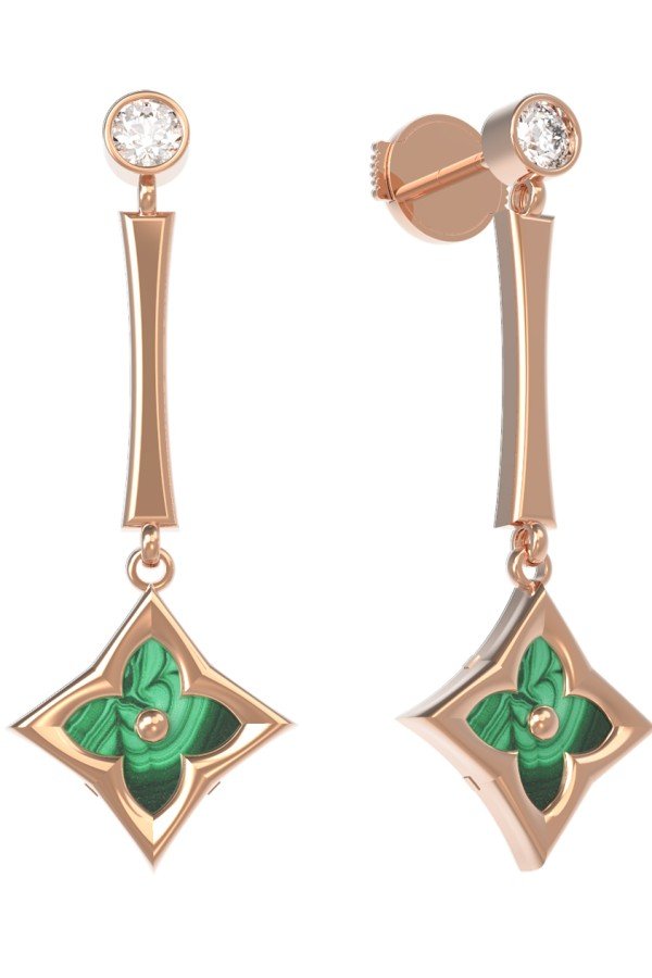 Серьги из золота 585 пробы c фианитом и малахитом