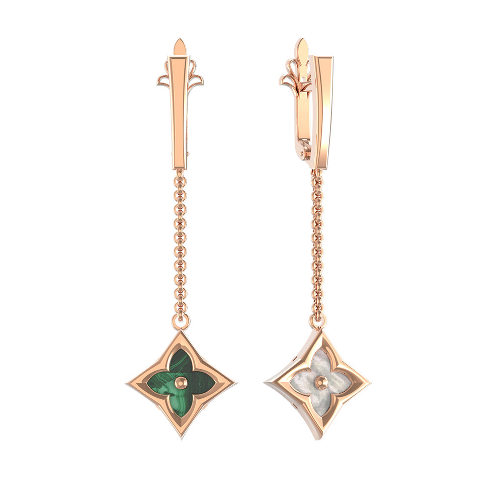 Серьги из золота c малахитом и перламутром