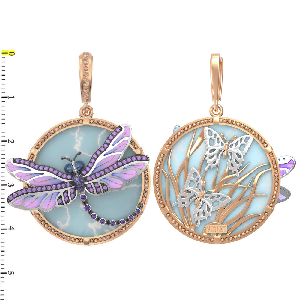 Подвеска из золота c бирюзой, аметистом и эмалью