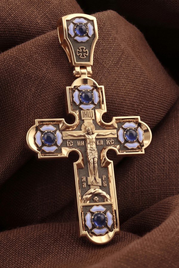 Крест из золота c эмалью и сапфиром