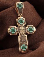 Крест из золота 585 пробы c эмалью и хризопразом
