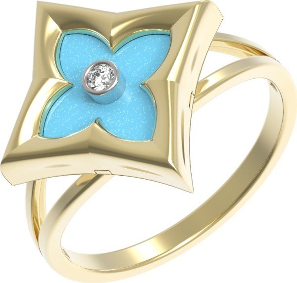 Кольцо из лимонного золота 585 пробы c бриллиантами и бирюзой