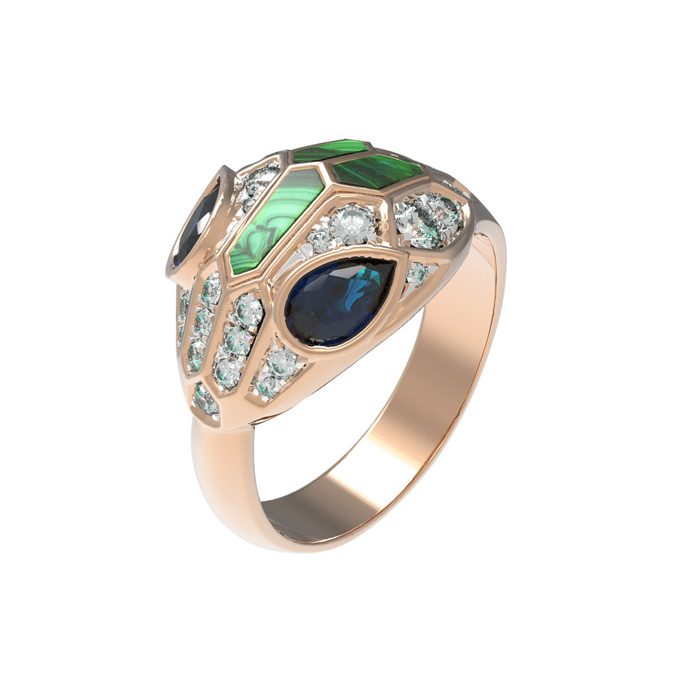 Кольцо из золота c бриллиантами, сапфиром и малахитом
