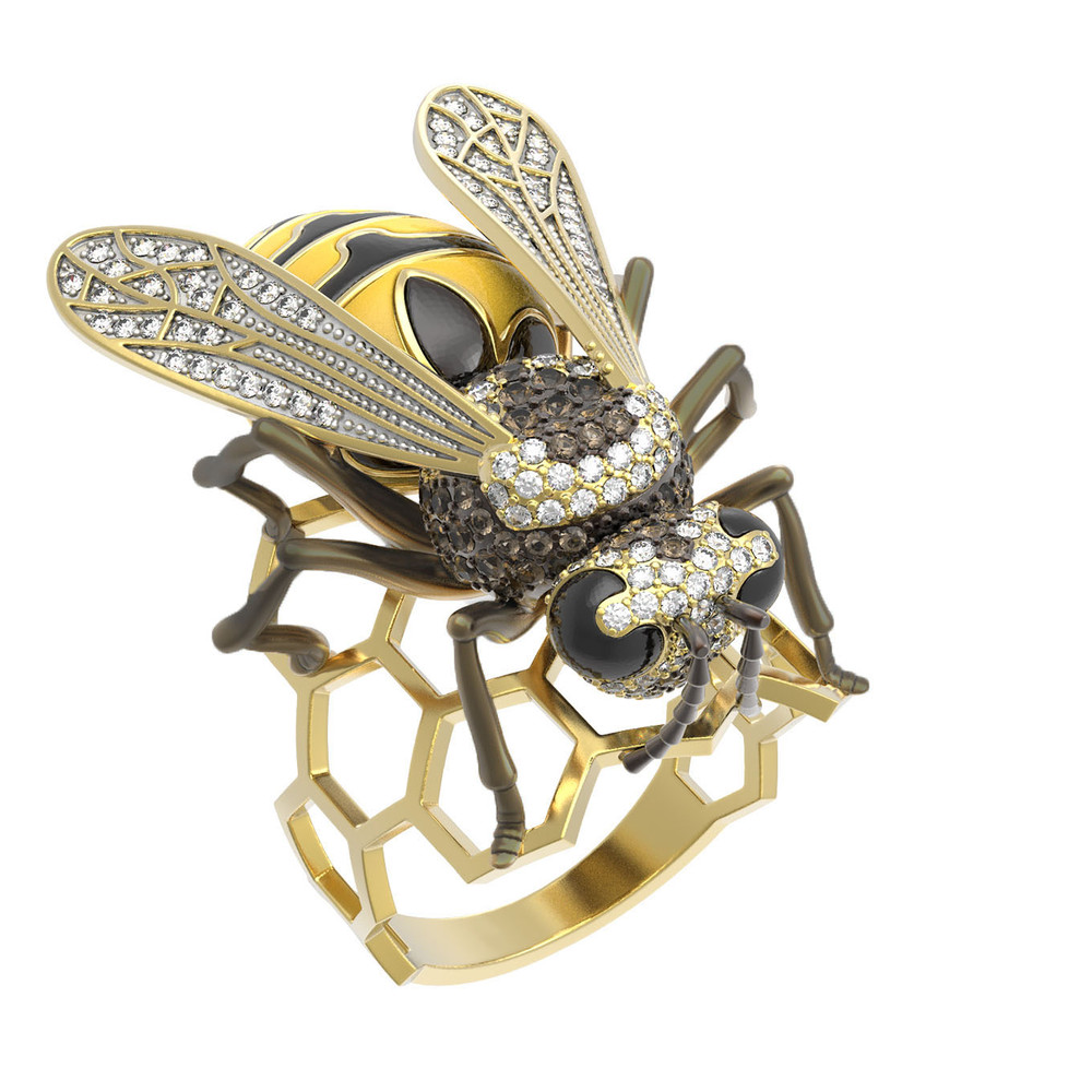 Кольцо из лимонного золота c эмалью и фианитом