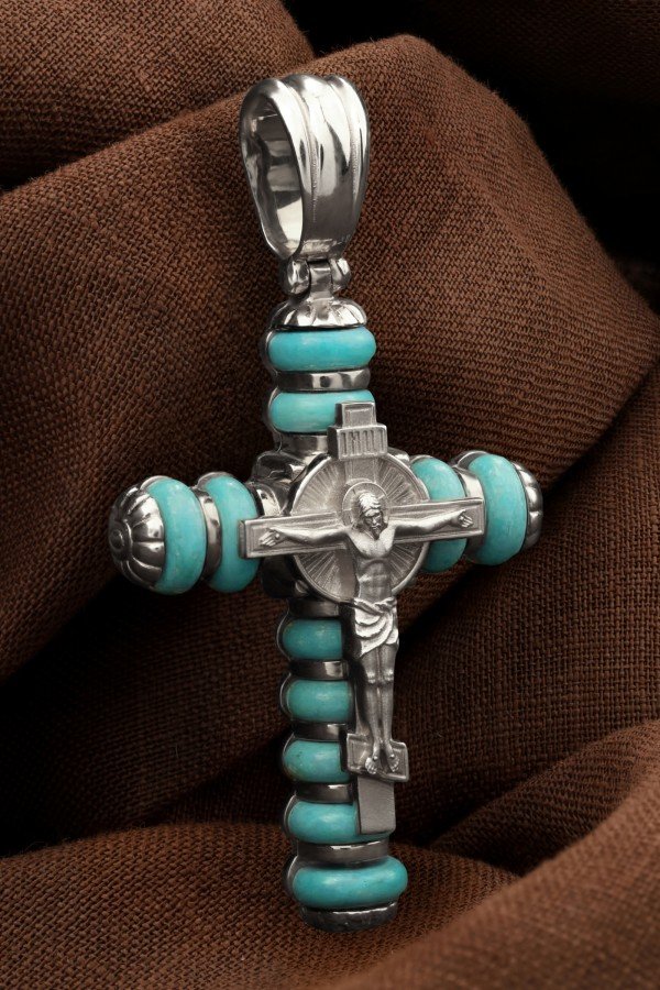 Крест из белого золота 585 пробы c бирюзой