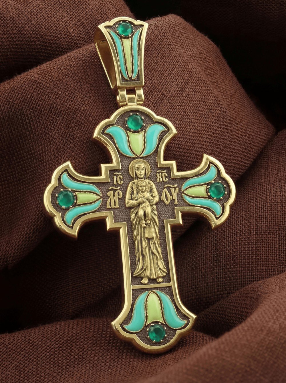 Крест из лимонного золота c эмалью и хризопразом