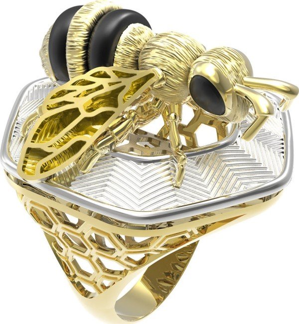 Кольцо из лимонного золота 585 пробы c эмалью, ониксом и эмалью