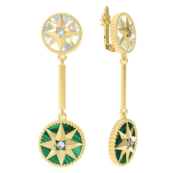 Серьги из лимонного золота c фианитом, малахитом и перламутром