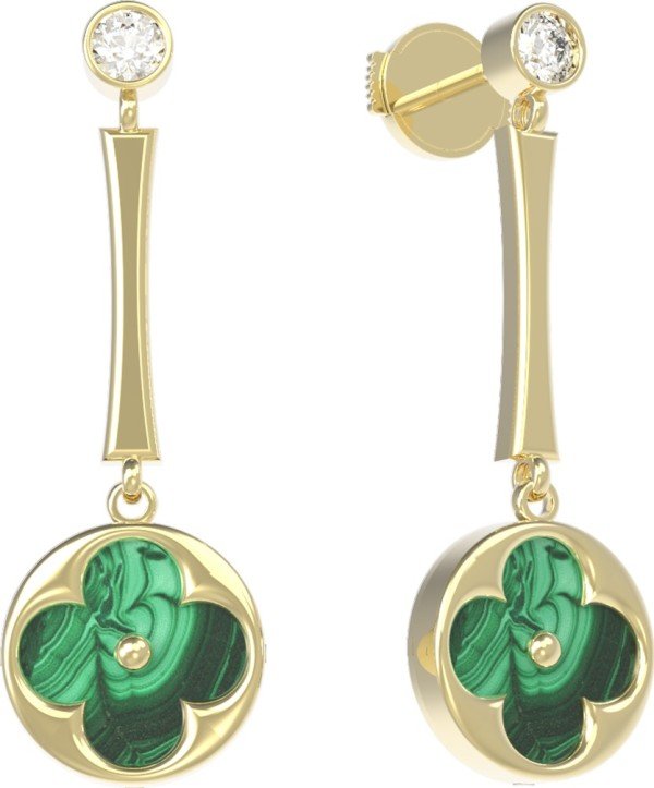 Серьги из лимонного золота c фианитом и малахитом