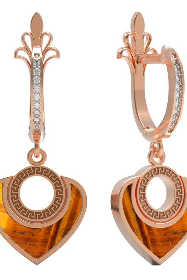 Серьги из золота 585 пробы c фианитом и тигровым глазом