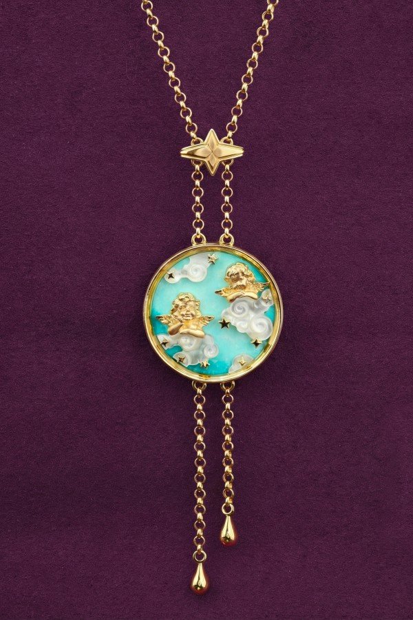 Колье из лимонного золота 585 пробы c бирюзой и перламутром