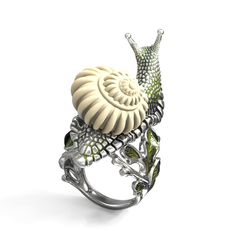 Кольцо из белого золота c эмалью и бивнем мамонта