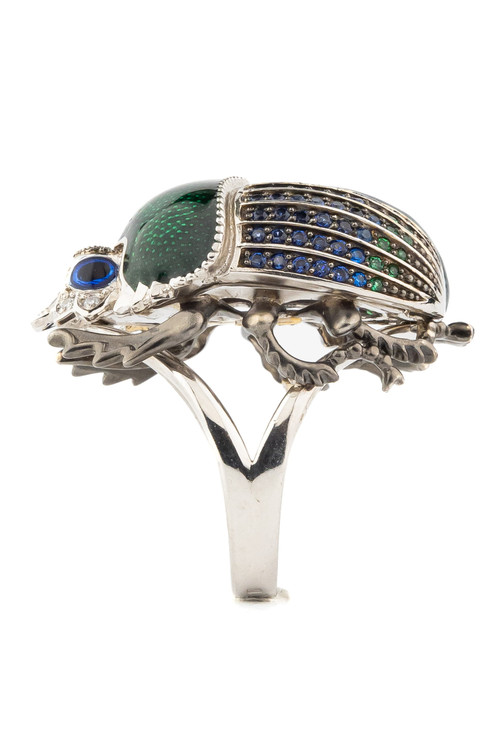 Кольцо из белого золота c эмалью, фианитом и сапфиром