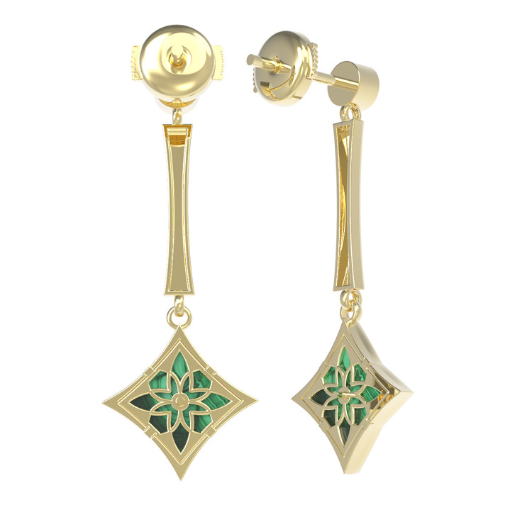 Серьги из лимонного золота c фианитом и малахитом