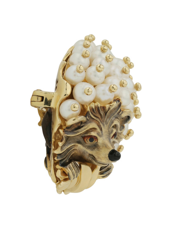 Брошь из лимонного золота c эмалью и жемчугом