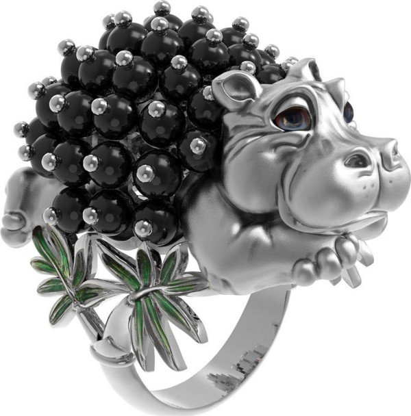 Кольцо из белого золота c эмалью и ониксом