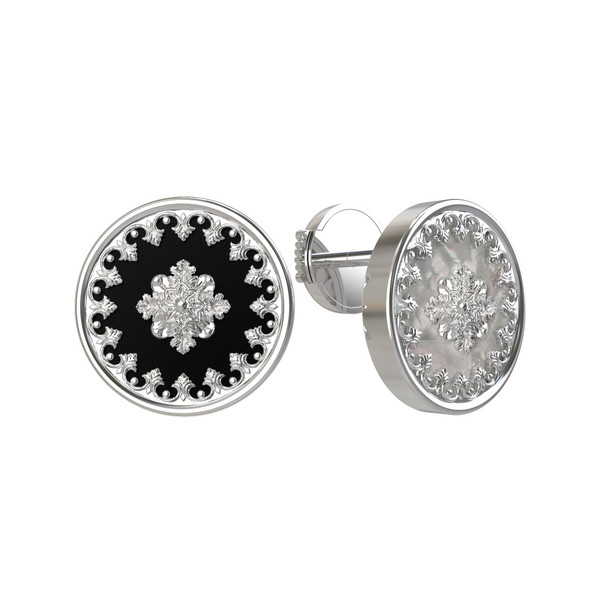 Серьги из белого золота c ониксом и перламутром