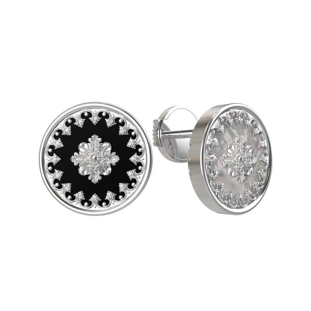 Серьги из белого золота c ониксом и перламутром