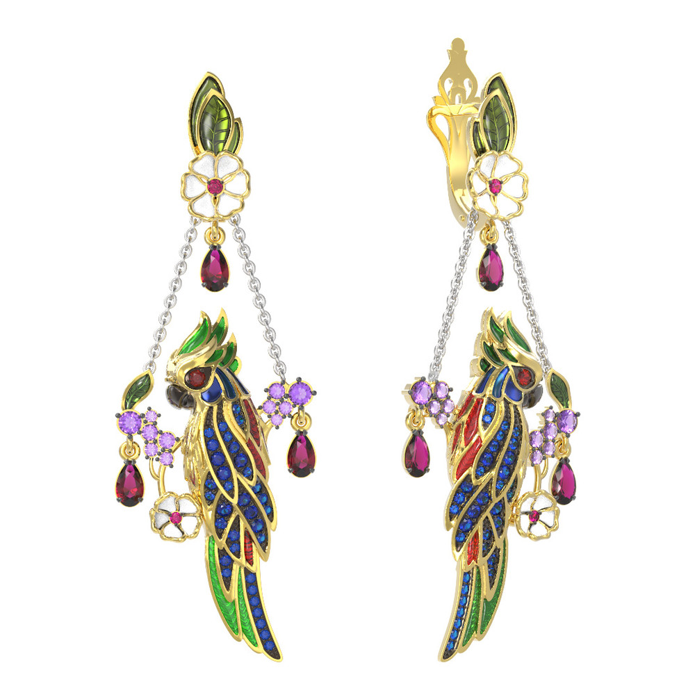 Серьги из лимонного золота c эмалью, гранатом, аметистом, рубином, аметистом и сапфиром