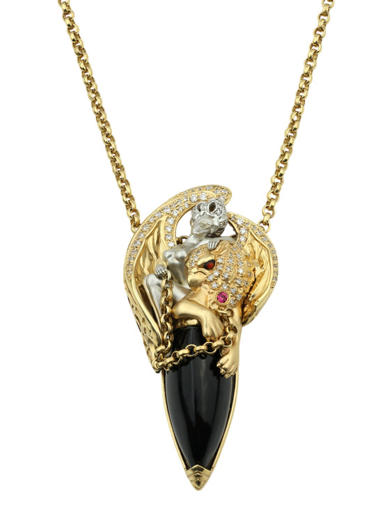 Колье из лимонного золота c эмалью, бриллиантами, рубином, ониксом и рубином
