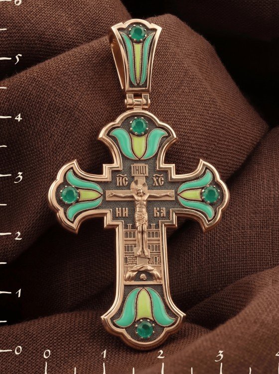 Крест из золота c эмалью и хризопразом