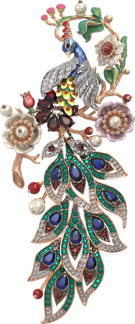 Брошь из золота c эмалью, фианитом, гранатом, жемчугом, сапфиром, кораллом и перламутром