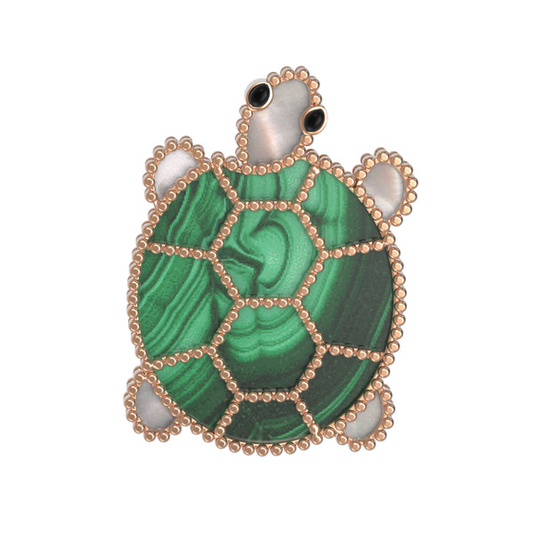 Брошь из золота c эмалью, малахитом и перламутром