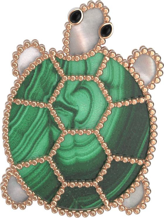 Брошь из золота c эмалью, малахитом и перламутром