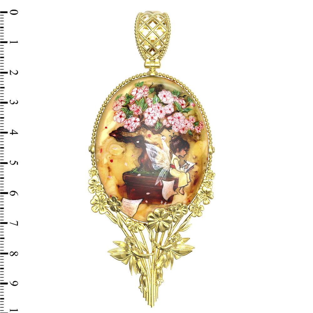 Подвеска из лимонного золота c росписным янтарём